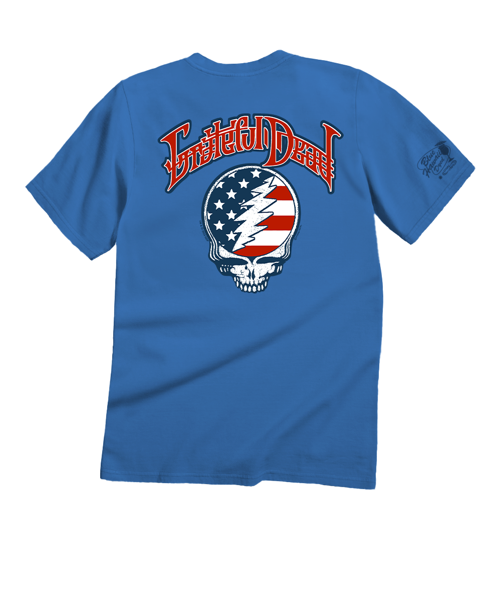 Grateful Dead American Flag - Blue Hawaii Dyed Short Sleeve Crewneck T-Shirt
