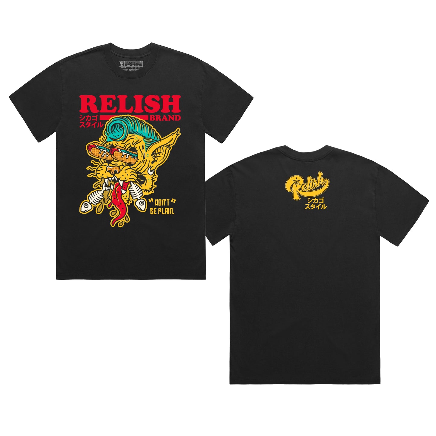 Hotdog Cat - Chicago style - Black T-shirt