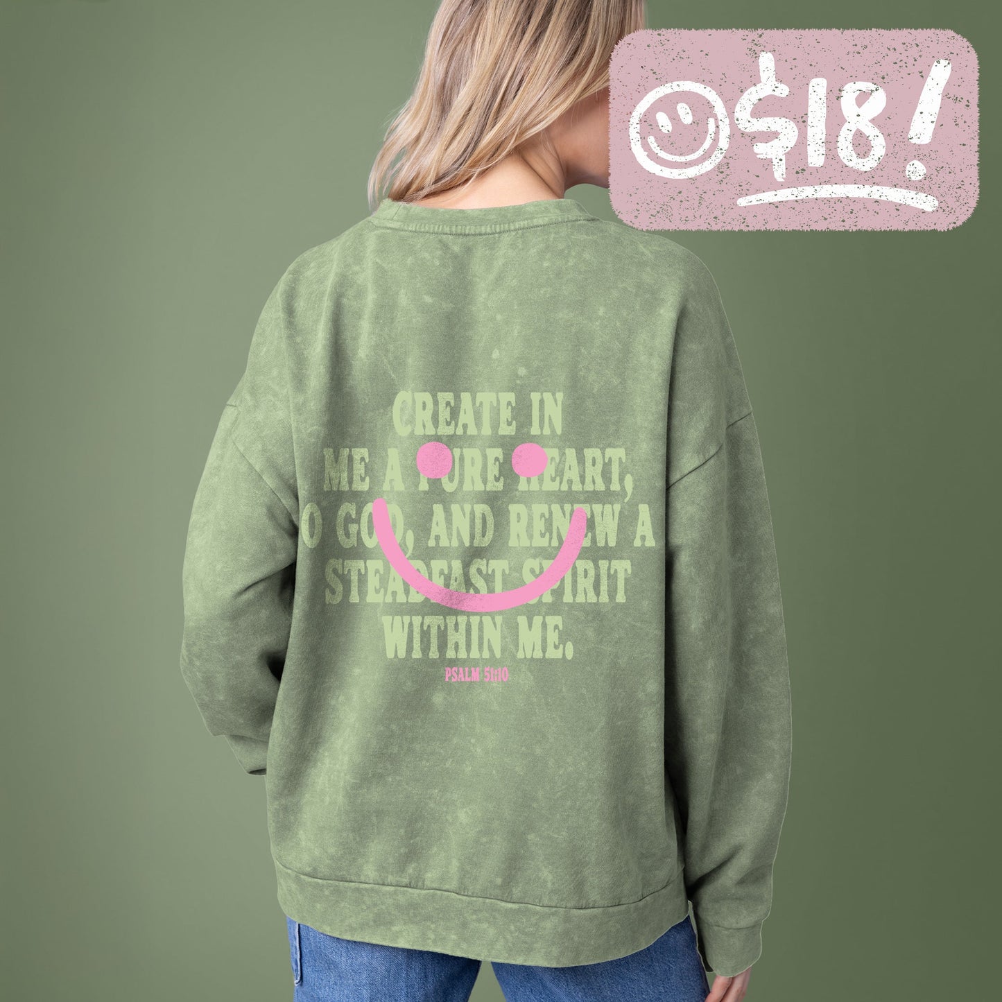 GLO - Psalm 51:10 *New Vintage Wash Crewneck Sweatshirt - Oil Green - Vintage Wash - 18