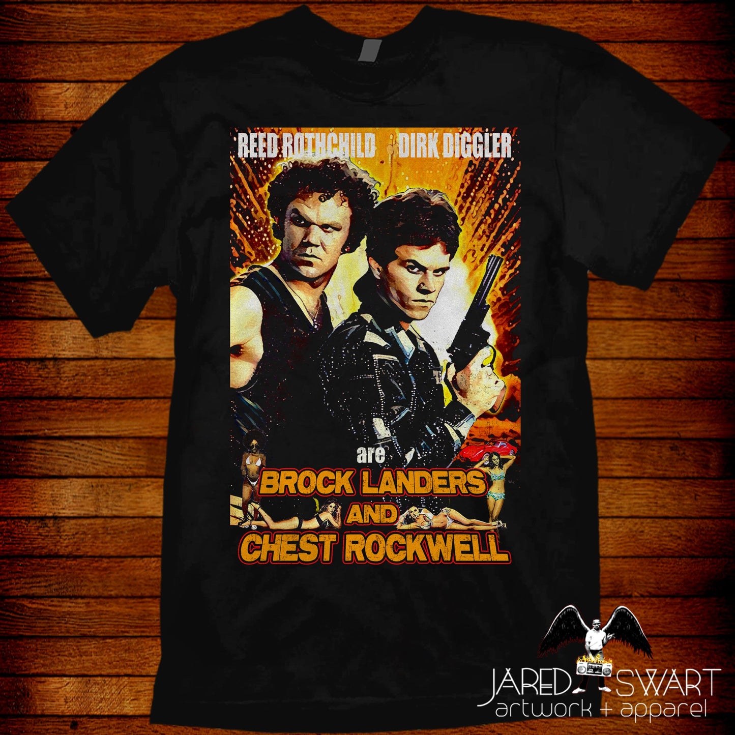 Dirk Diggler Reed Rothchild Brock Landers Chest Rockwell movie poster parody T-shirt Boogie Nights