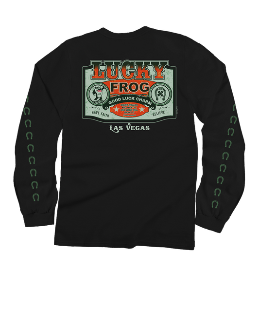 Lucky Frog Good Luck Sign - Black Long Sleeve Crewneck T-Shirt