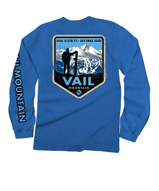 Vail Resort Vail Mountain Badge - Blue Hawaii Dyed Long Sleeve Crewneck T-Shirt