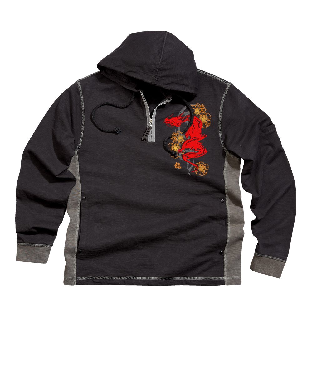 Ink Dragon - Black/Charcoal Long Sleeve Longboard Hooded Tee