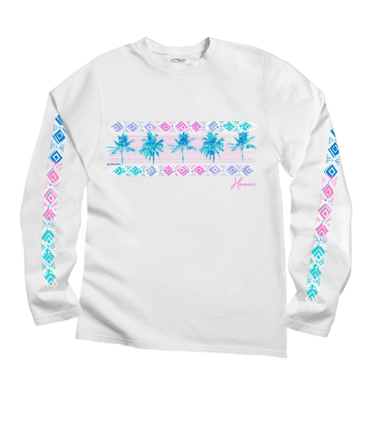 Row Of Palms - White Long Sleeve Crewneck T-Shirt
