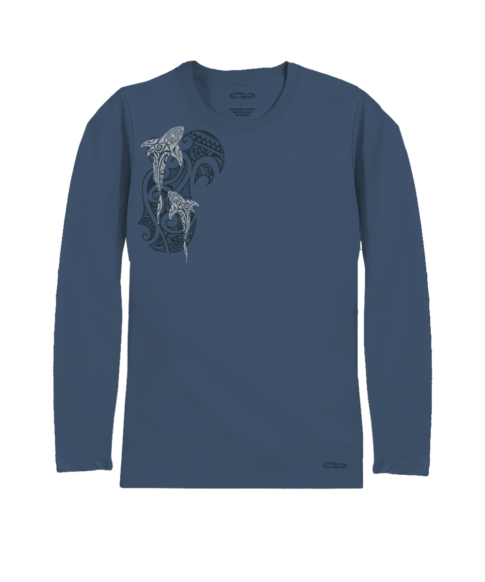 Mano A Mano Ekolu Vertical - Blue Steel Long Sleeve Pima T-Shirt