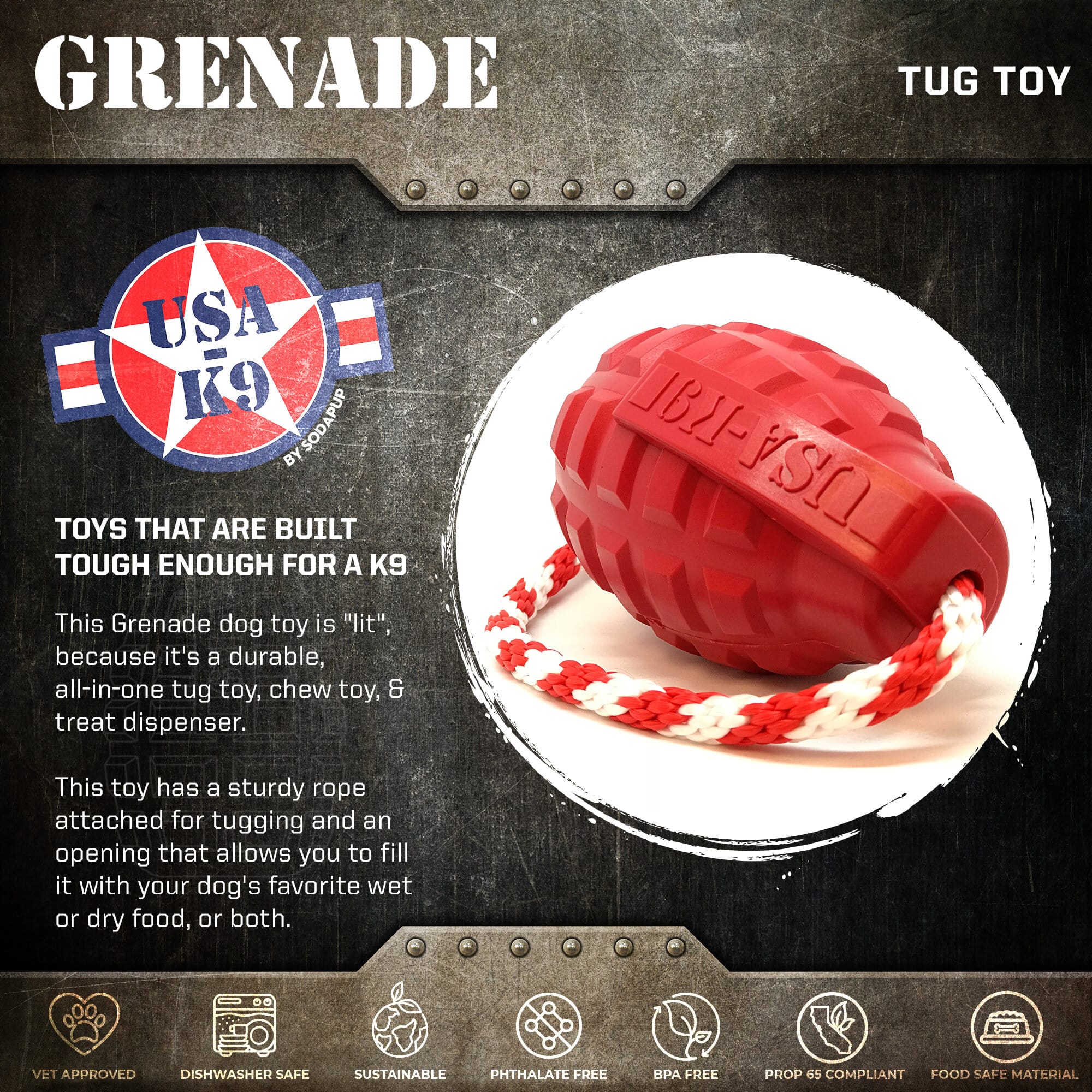 USA-K9 Grenade Shaped Rubber Dog Toy - Chew, Treat Dispenser & Tug Toy | USA