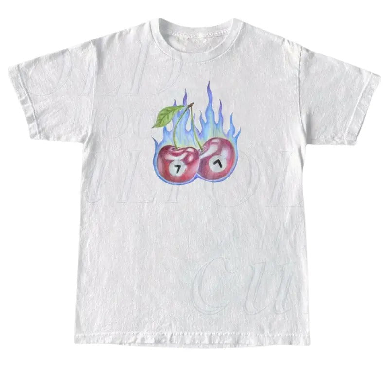 7 Ball Cherry On Fire Vintage Style Tshirt, Retro Y2k Lucky Cute Shirt, Cherry Shirts, Lucky 7 Hand Drawn Gifts, Billard 8 Ball Shirt Crewneck