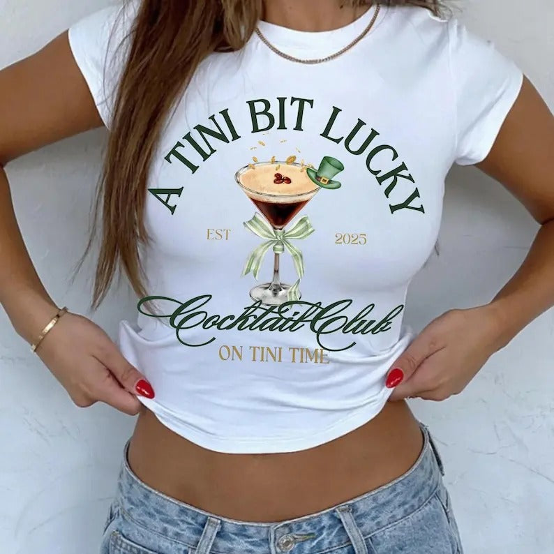 A Tini Bit Lucky St Patricks Day Baby Tee St Patricks Day Crop Top Espresso Martini Y2K Baby Tee Retro 90s Long Baby Tee Trendy Baby Tee