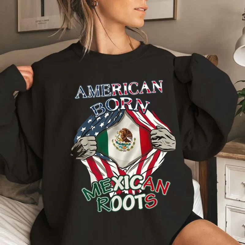 American Born Mexican Roots Flag Tee Proud Usa Love Mexico T Shirt, Unisex Sweater Pullover Tee