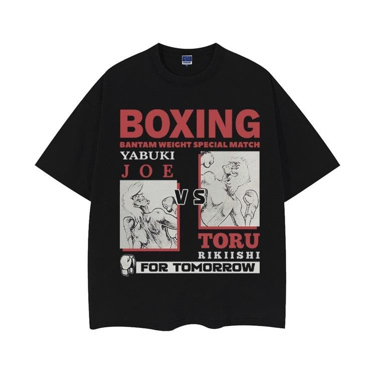 Ashita no Joe "Joe vs Toru" Heavyweight Vintage Tee 100% Cotton OVERSIZED Anime T-shirt Menswear Top Crew Necks Tshirt Casual Streetwear Black Crewneck Tropical Shortsleeve