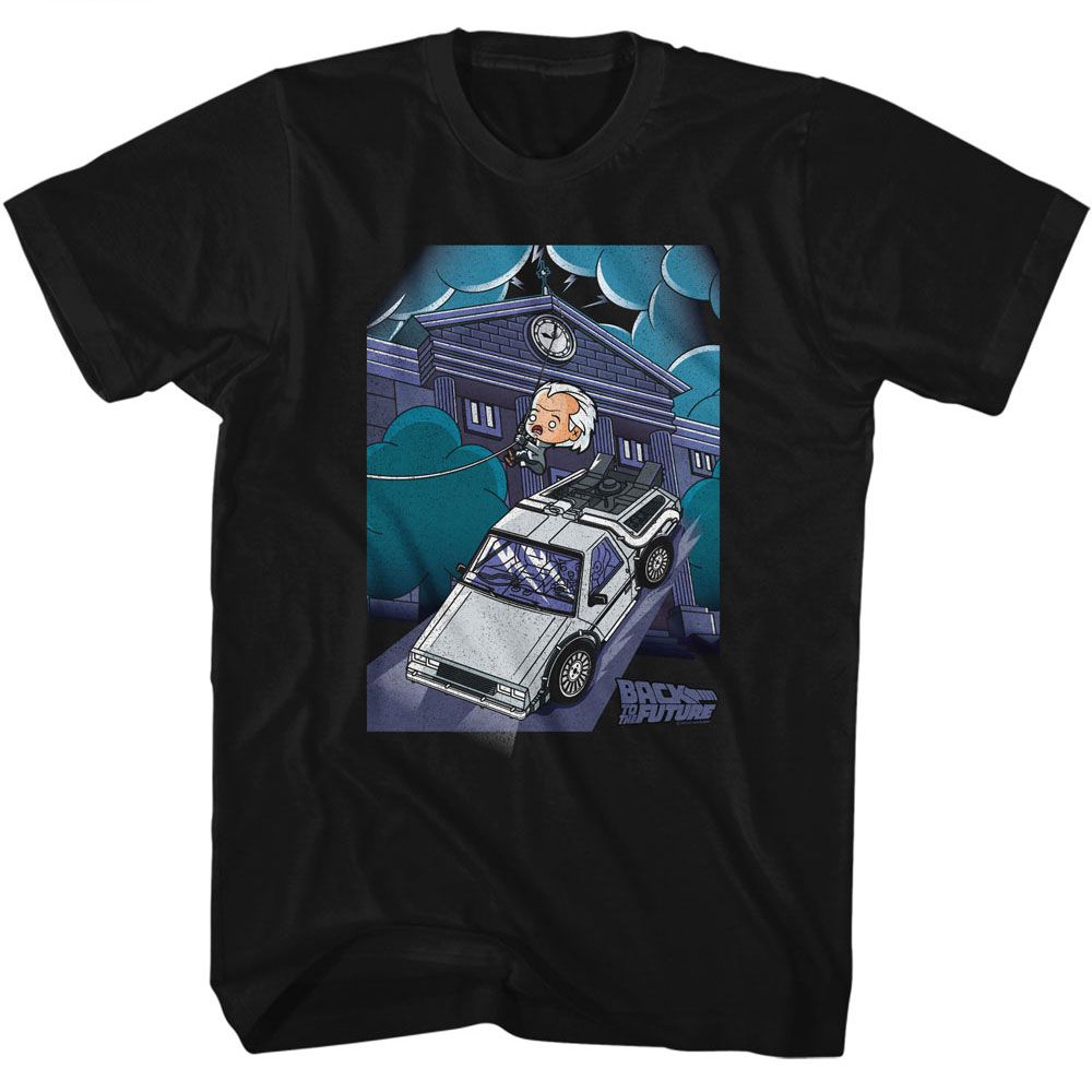 Back To The Future - Cute Cartoon Doc And Clock Tower - American Classics - Solid Black Adult Short Sleeve T-Shirt