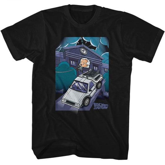 Back To The Future - Cute Cartoon Doc And Clock Tower - American Classics - Solid Black Adult Short Sleeve T-Shirt