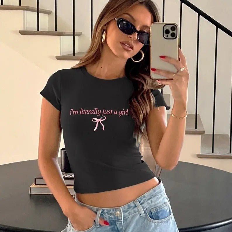 Baby Tee I'm literally just a girl, Baby Tee, Baby Girl, Funny Baby Tee, Cute Baby, Bow Tee, y2k baby tee, 90s baby tee, y2k, Crop