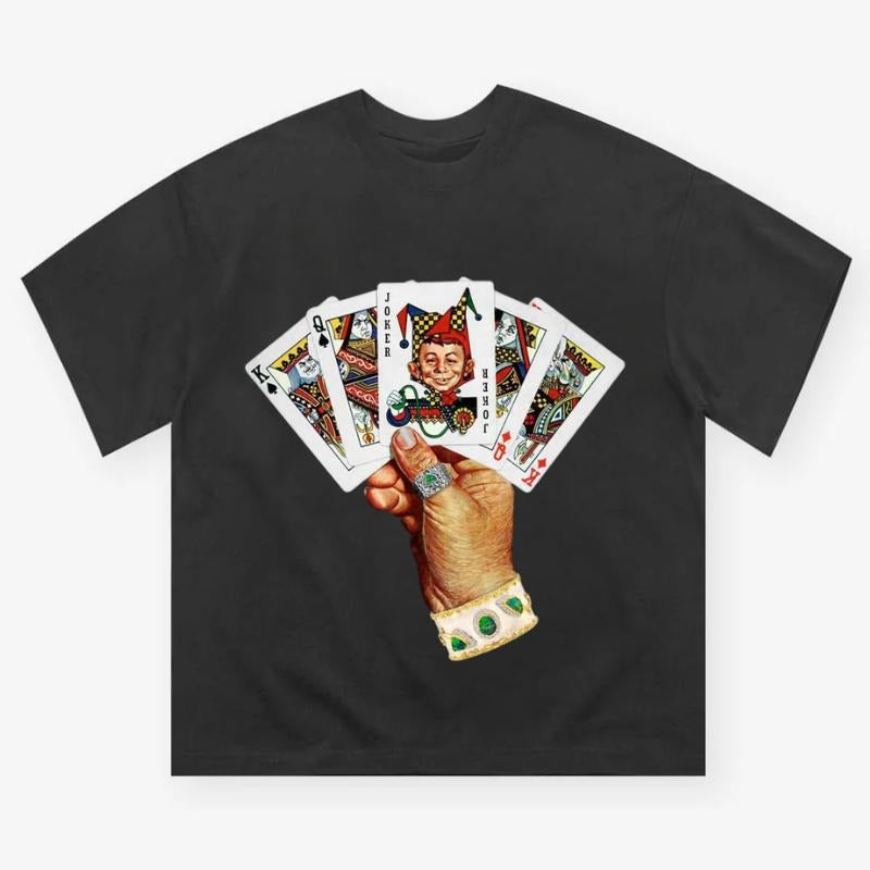 Bad Boy Poker Series Print T-shirt, Vintage Graphic Tee, Y2k Clothing, Unisex Cotton Crewneck T-Shirt - Medium, Short Sleeve, Casual Streetwear Printed Tee