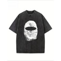 "Balaclava Fingerprint" Creative Pattern Printing Heavy 230g Pure Cotton Oversized Drop Shoulder T-shirt Washed T-shirt Men'WB shield Retro Street T-shirt Basic T-shirt Loose Hip-hop Unisex Top Acid Wash T-shirt