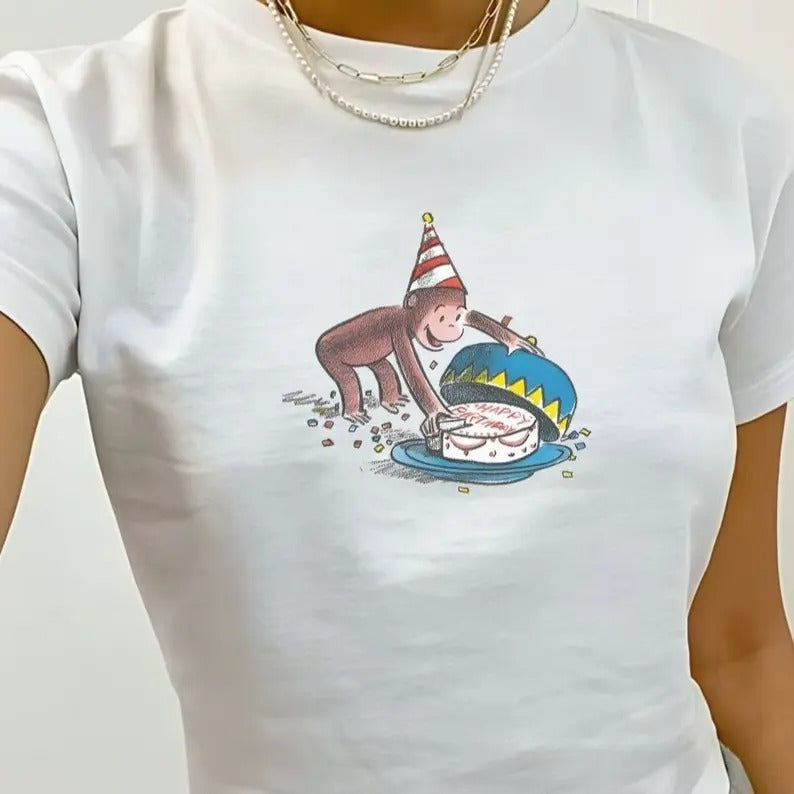 Birthday Girl Retro Cake Cartoon Tshirt - Baby Tee, Coquette Y2k 90s Clothing - Women's Top Aesthetic Streetwear