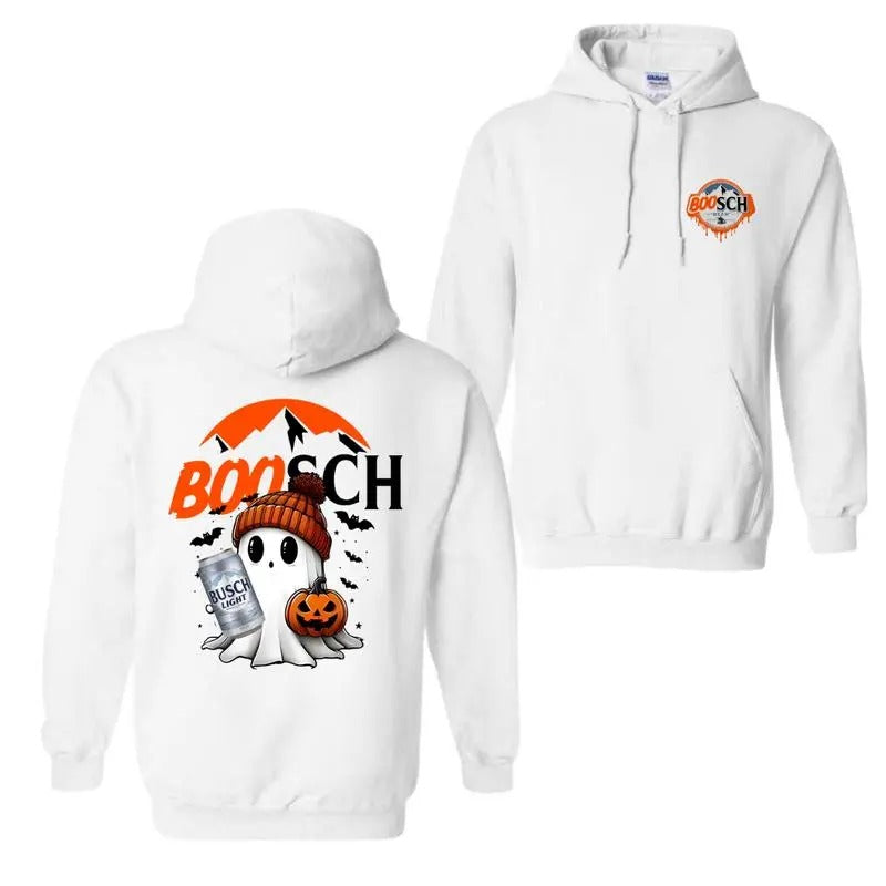 Boosch Light Cute Boo Ghost Halloween Double Sided Hoodie And Crewneck , Busch LIght Halloween Sweatshirt, Halloween Cute Ghost Trendy Hoodie, For Men And Women