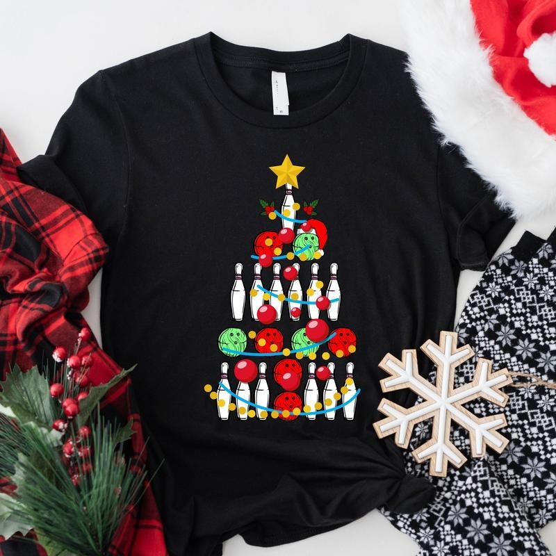 Bowling Christmas Tree Shirt, Bowling Lover Xmas Gift Tee, Unisex Bowling Player Holiday Tee, Bowling Ball Christmas Lights, Bowler Christmas Tee.