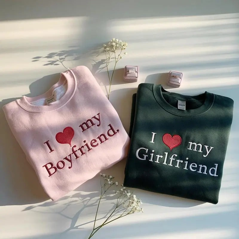 Embroidered I Love Custom Sweatshirt, I Heart My Girlfriend/Boyfriend Shirt, Valentine's Day Tee Shirt, Valentine Gift, Boyfriend Shirt