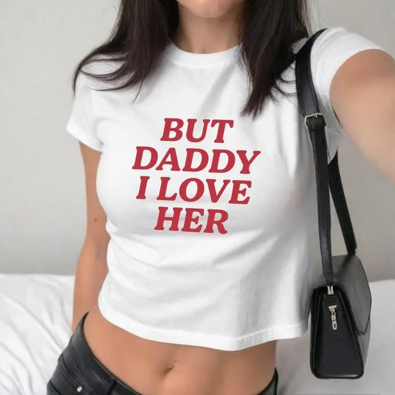 But Daddy I love Her Pride Baby Tee, Y2K Baby Tee, Clowncore Lesbian LGBT Queer Shirt Bisexual Pride Crop Top Pansexual Baby Tee 2000s Shirt memphishottieshirt