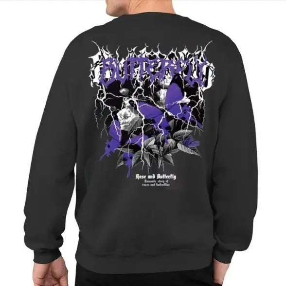 Butterfly Printed Men's Sweatshirt, Men's Graphic Hoodies Y2k Floral Print Sweatshirt, Unisex Long Sleeve Crewneck Shirt