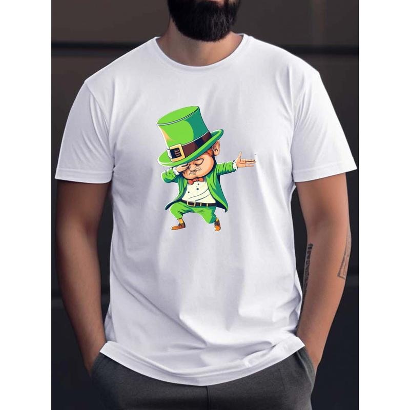 Cartoon St. Partick's Day Goblin Print T-shirt For Men, Trendy Short Sleeve Top, Men's Clothing Made in USA