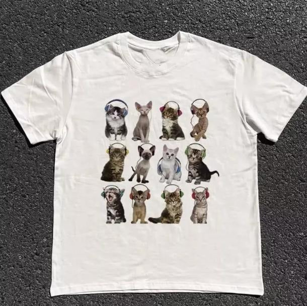 Cats HeadPhone T-Shirt, Unisex Vintage Graphic Tees Gothic Grunge Y2k Emo, Graphic tee, Fashion Cotton, Streetwear, Full Colors, For Men, For Women
