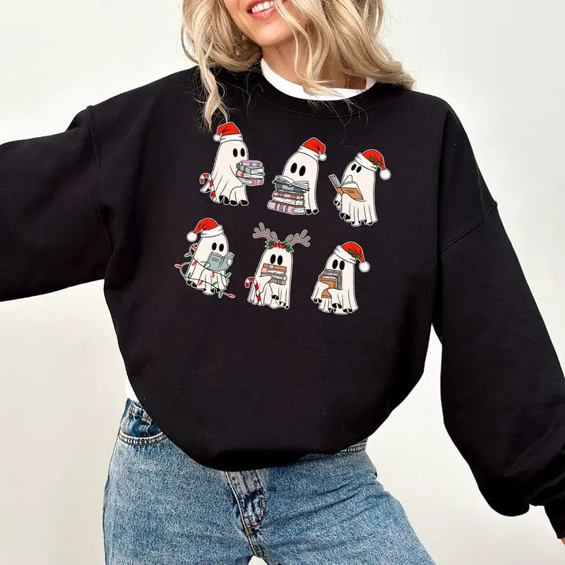 Christmas Retro Ghosts Reading Books T-Shirts Sweatshirts Teacher Librarian Christmas Gift Winter Season Trendy Christmas Book Lover Shirts