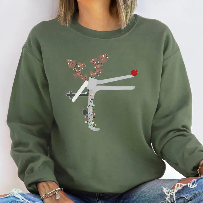 Christmas Speculum Nurse Sweatshirt, Reindeer Speculum Hoodie, Holiday Midwife Christmas Tee, OBGYN Shirt Crewneck Fabric Womenswear Fit Knit Fleece