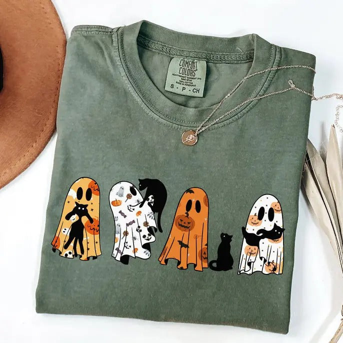 Comfort Colors Ghost Cat Shirt, Halloween Ghost Shirt, Black Cat Shirt, Spooky Season Tee, Cat Lover Gift, Happy Halloween 2024 Fitted Garment