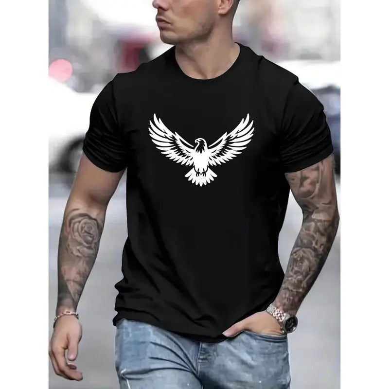 Comfy Stretchy Eagle Graphic Men's Short Sleeve T-shirt - Casual Daily Summer Tees for Fashion-Conscious Men - Trendy, Breathable, Quick-Drying, Soft Fashion Clothing Perfect as Gifts Made in USA