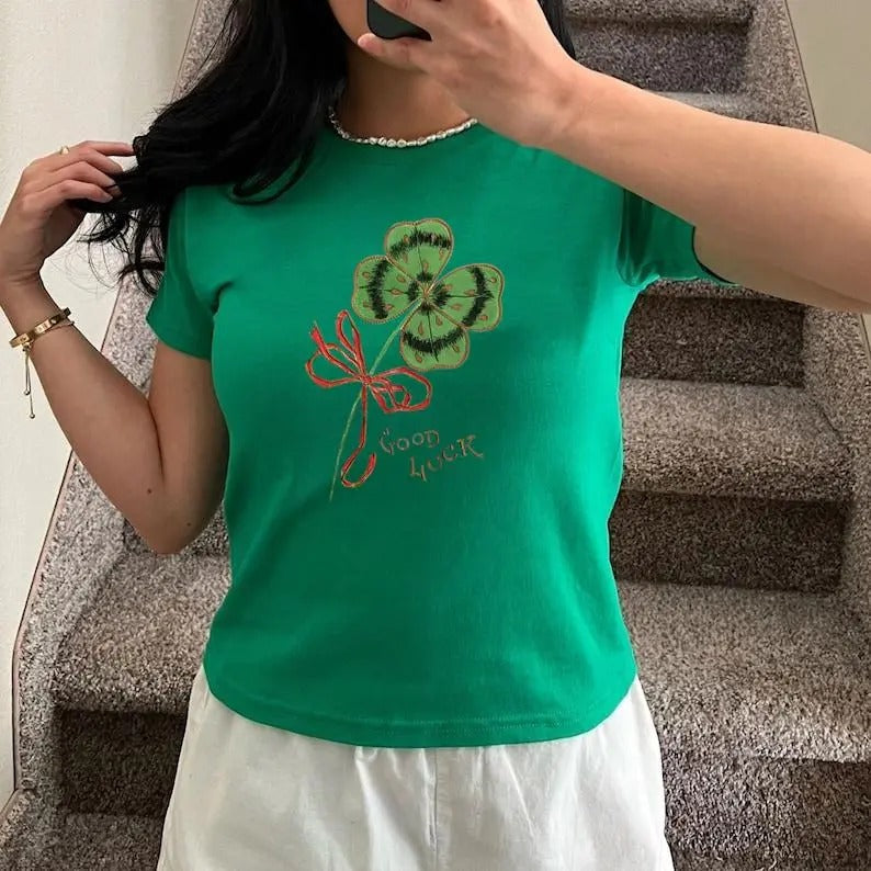 Copy of Good Luck Clover Baby Tee, St Paddys Baby Tee, St Patrick's Day Shirt, Y2K 2000's Style Tee, Women's Baby Tee, Gift For Her