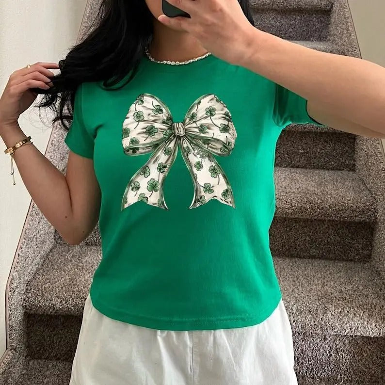 Coquette St Patrick's Day Bow Baby Tee, St Patrick's Day Shirt, Lucky Shamrock Shirt, St Patrick's Gift, Irish Bow , Y2K 2000's Style, Streetwear Style