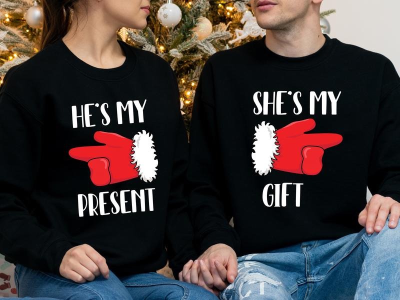 Couples Christmas Party Sweatshirt, She's My Gift Sweatshirt, He's My Present Hoodie, Husband Wife Christmas Gift Long Sleeve, Funny Matching Boyfriend And Girlfriend Hoodie For Holiday.