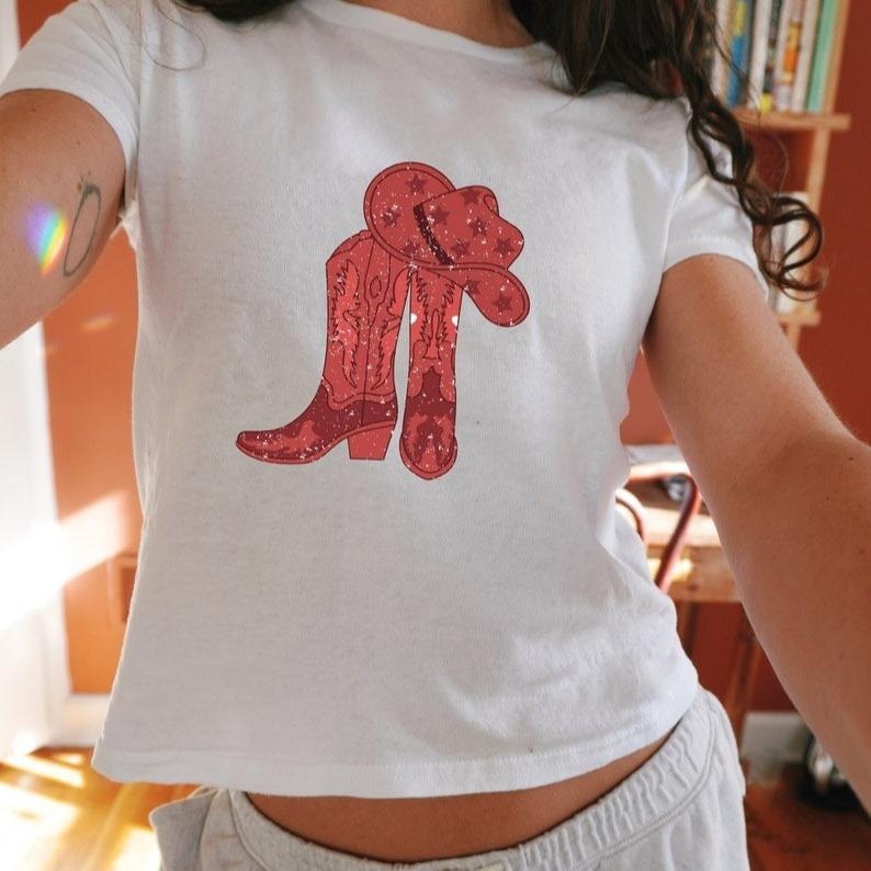 Cowboy Boots Baby Tee, Y2k Baby Tee, Downtown Girl aesthetic, 90s Baby Tee Collar Fit