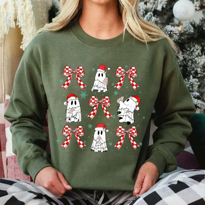Cute Christmas Gh00st Tree Cake Coquette Sweatshirt, Merry Christmas Sweatshirt, Happy New Yeay Shirt, Unisex Long Sleeve Crewneck, Fit Womenswear