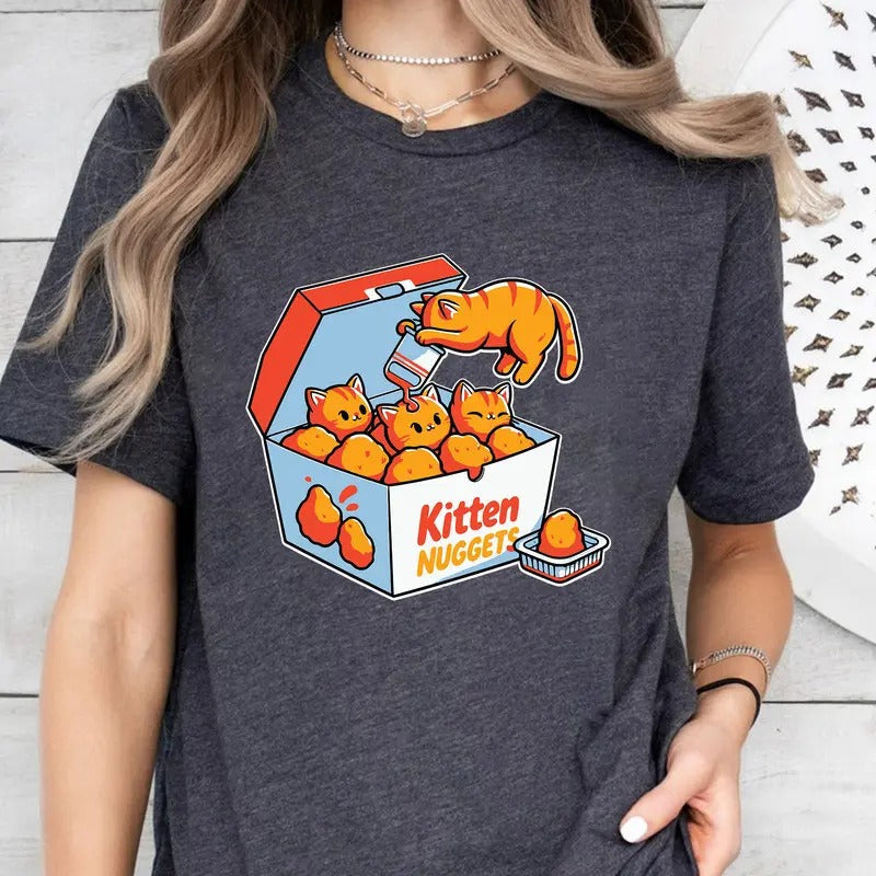 Cute Kitten Nuggets T-Shirt, Funny Cat Food Illustration Tee, Quirky Cartoon Graphic Tee, Fun Casual Shirt, Cat Lover Gift