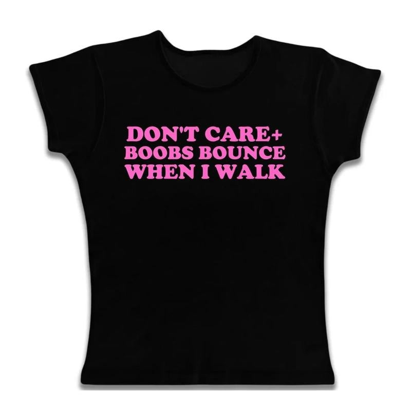 Don't Care Boobs Bounce When I Walk Baby Tee, Gothic Emo Girl, Emo Scene 2000s Clothes, 2000 tops, Casual Cotton Short Sleeve, Y2k Top Women Streetwear, Women Summer Shirt