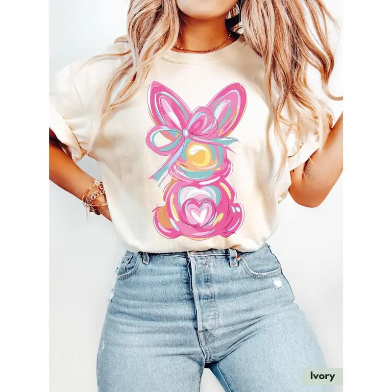 Easter Bunny Shirt Coquette Easter Tee Colorful Brushstroke Happy Easter Shirt Rabbit Easter Gift for Christian Apparel