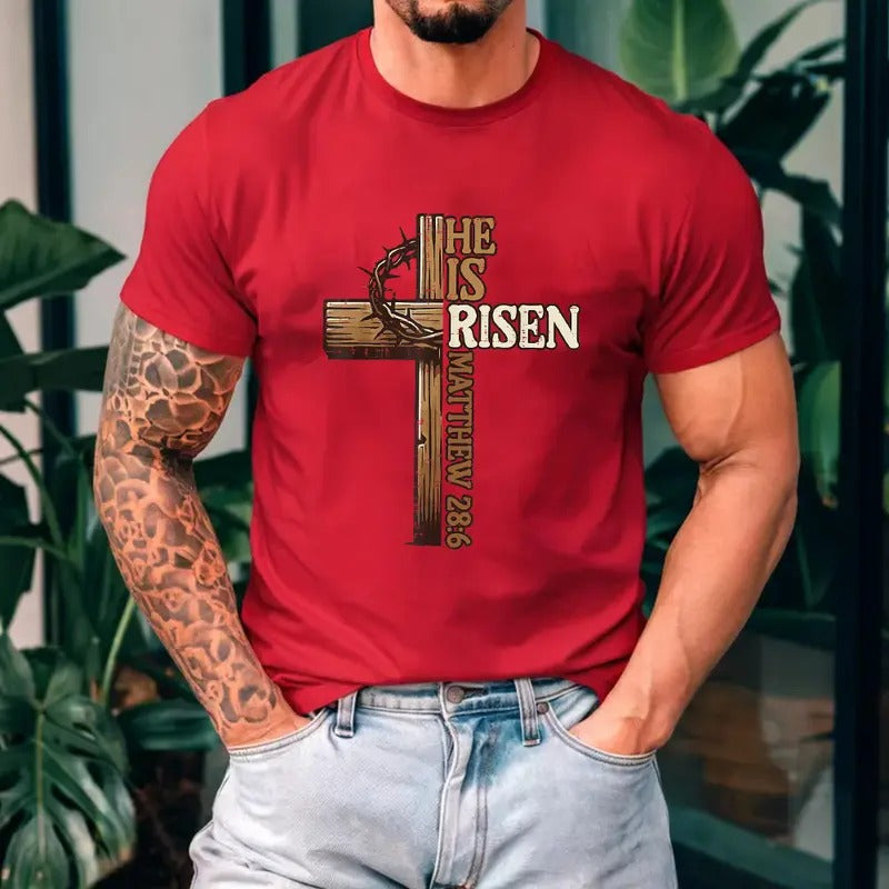 Easter Cross He Is Risen Tee Pure Cotton Casual Style Crew Neck Short Sleeve T-Shirt Tops Trendy for Unisex