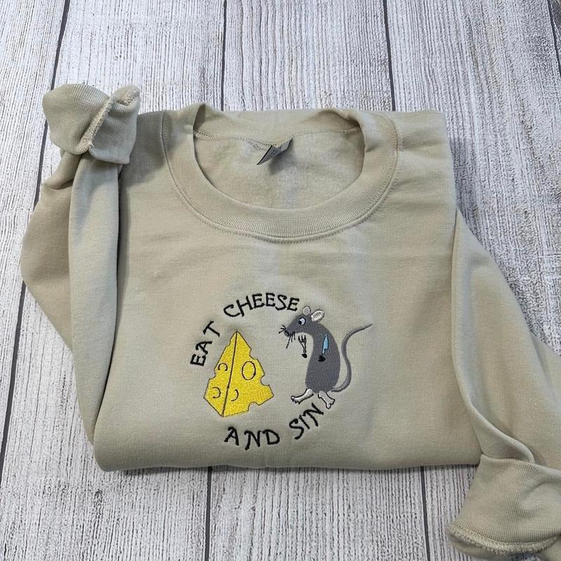 "Eat Cheese and Sin Embroidered Sweatshirt, Playful and comfort Fit Sweater"