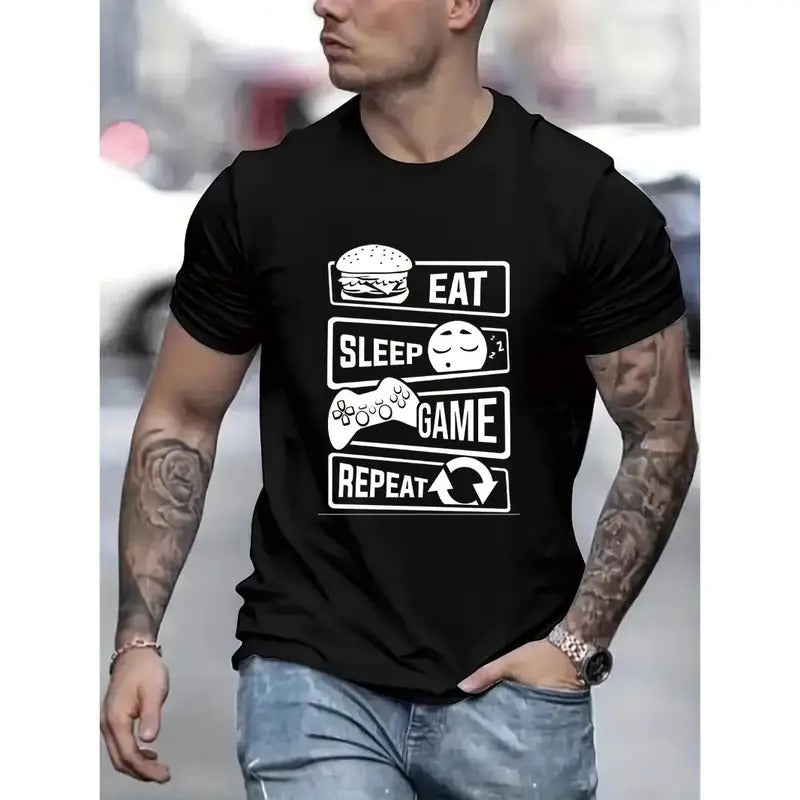 " Eat Sleep Game Repeat "Stylish Print Summer & Spring Tee For Men, Casual Short Sleeve Fashion Style T-Shirt, Sporty New Arrival Novelty Top For Leisure Made in USA