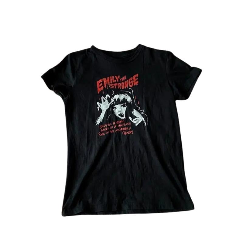 Emily Strange Cat Baby Tee, Emo Scene 2000s Clothes, Emo Girl Cat Baby Tee, Women Fitted T-Shirt, Y2k Top Women Streetwear, Grunge 2000s, Casual Cotton Short Sleeve, Gift For Her