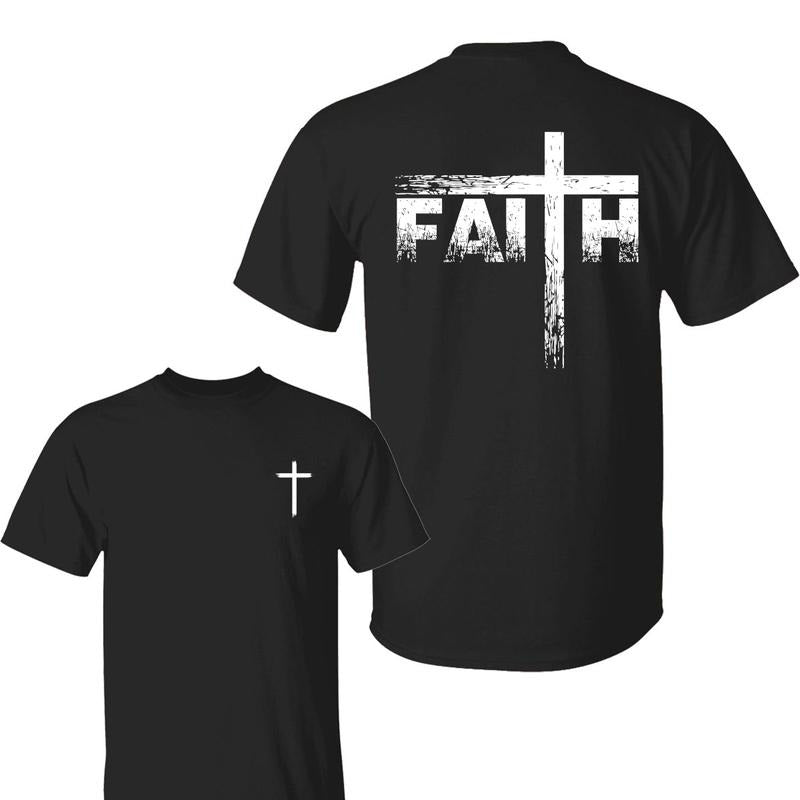 Faith 2 Sided Shirt, Jessus T-Shirt, Regular Fit Casual Short Sleeve Crew Neck T-shirt for Summer, Fashion Men's Top for Daily Wear, Cotton