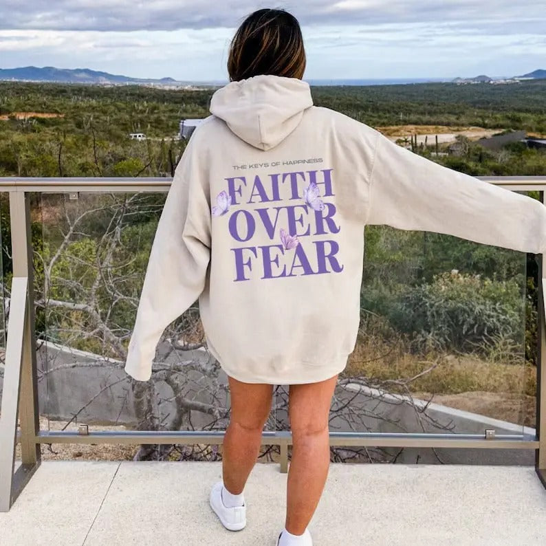 Faith Over Fear Christian Hoodie for Women Trendy Religious Streetwear Oversized Sweatshirt Bible Verse Aesthetic Y2K Hoodie Preppy