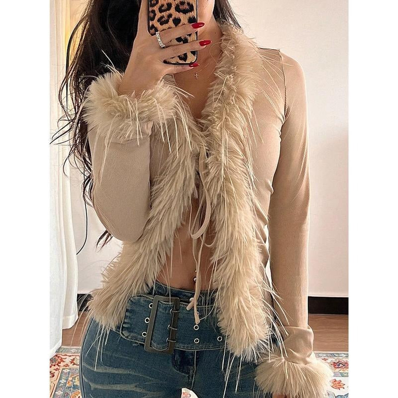 Faux Fur Fuzzy Long Sleeve Top Mesh Lace Open Front Y2K Tee Shirts