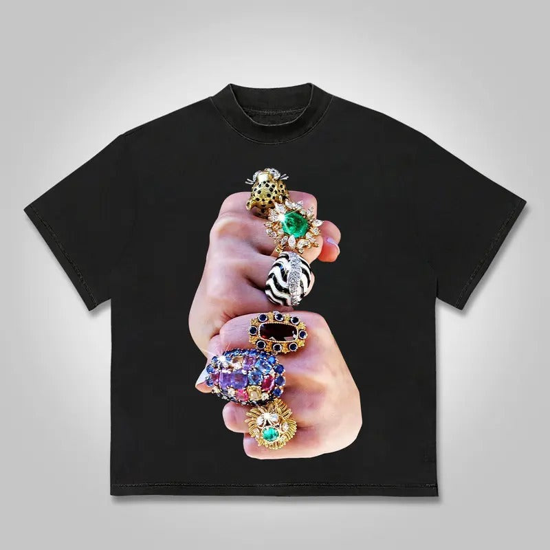 Finger Graffiti Diamond Ring Casual Graphic T-Shirt Y2K Clothing Graphic Tee Cotton Top Streetwearstyle{n002}2
