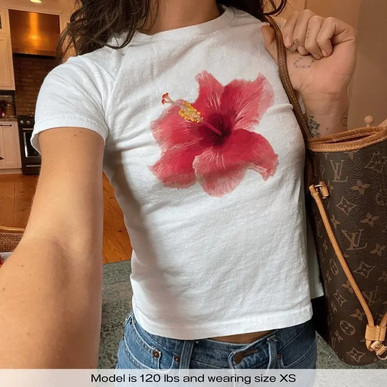 Flirty Pink Hibiscus Y2k Baby Tee - Women's Streetwear Top, Short Sleeve Y2K Shirt - Classic Retro 90s Style Men and Women Top