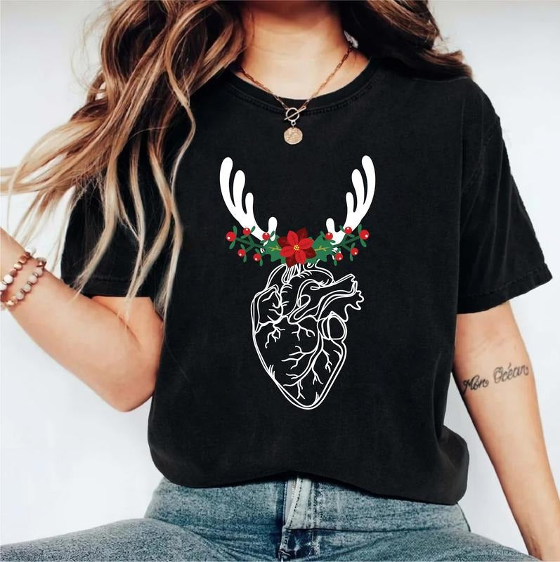 Floral Heart Anatomy Shirt, Nurse Christmas T-Shirt, Reindeer Human Heart Tee, CVICU Cardiac Nurse Xmas Gift Tee, Anatomical Heart Holiday Shirt.