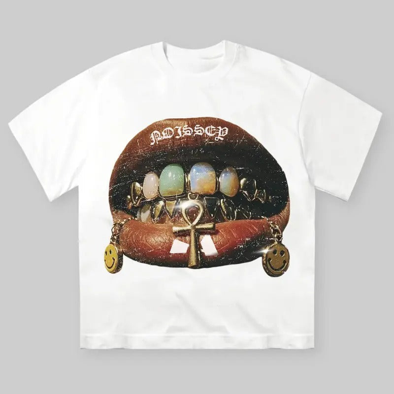 Gem Shell Vintage Grills & Lip Print T-Shirt, Y2k Clothing, Unisex Cotton Crewneck T-Shirt - Medium, Short Sleeve, Casual Streetwear Printed Tee